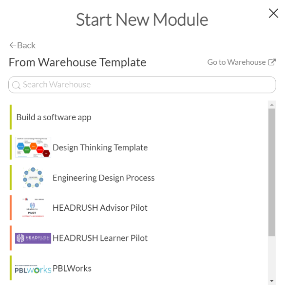Demo site Start Menu templates screen